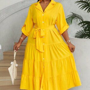 Yellow Casual Women's Plus Size V-Neck Button-Front Long Sleeve Dress